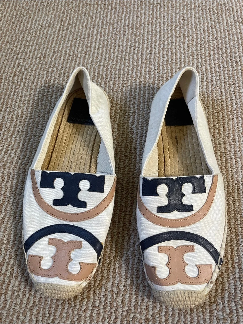Tory Burch Cream Canvas Espadrilles with Navy & Tan Logo Accents